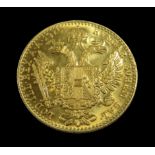 Goldmünze, Österreich, 1 Dukat, Kaiser Franz Joseph I, 1915, Gold 986/000, 3,5 g, d 1,97 cm.