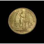 Goldmünze, 20 Francs, Genius/Stehender Engel, 1896, Gold 900/000, 6,4 g, d 2,1 cm.