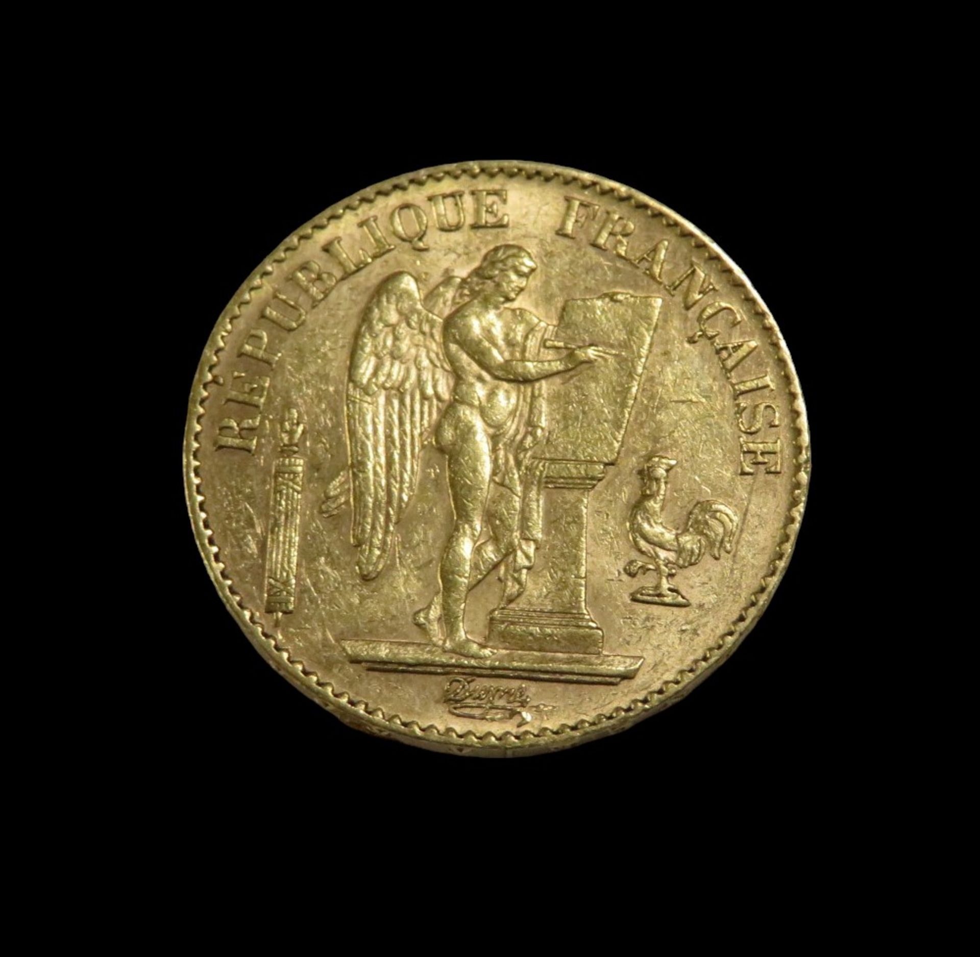 Goldmünze, 20 Francs, Genius/Stehender Engel, 1896, Gold 900/000, 6,4 g, d 2,1 cm.