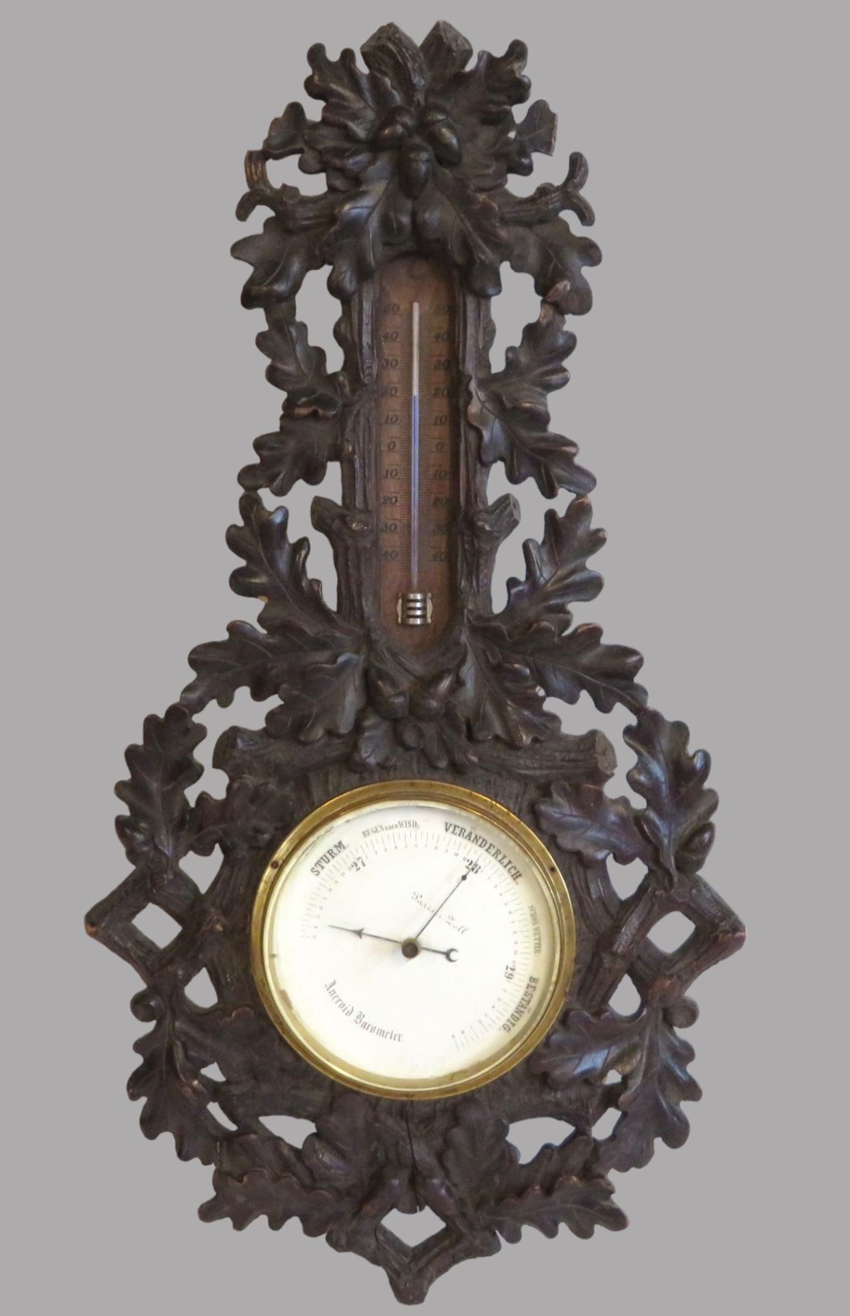Aneroidbarometer, Schwarzwald, 19. Jahrhundert, Weichholz mit Eichenlaub und Eicheln geschnitzt, 58