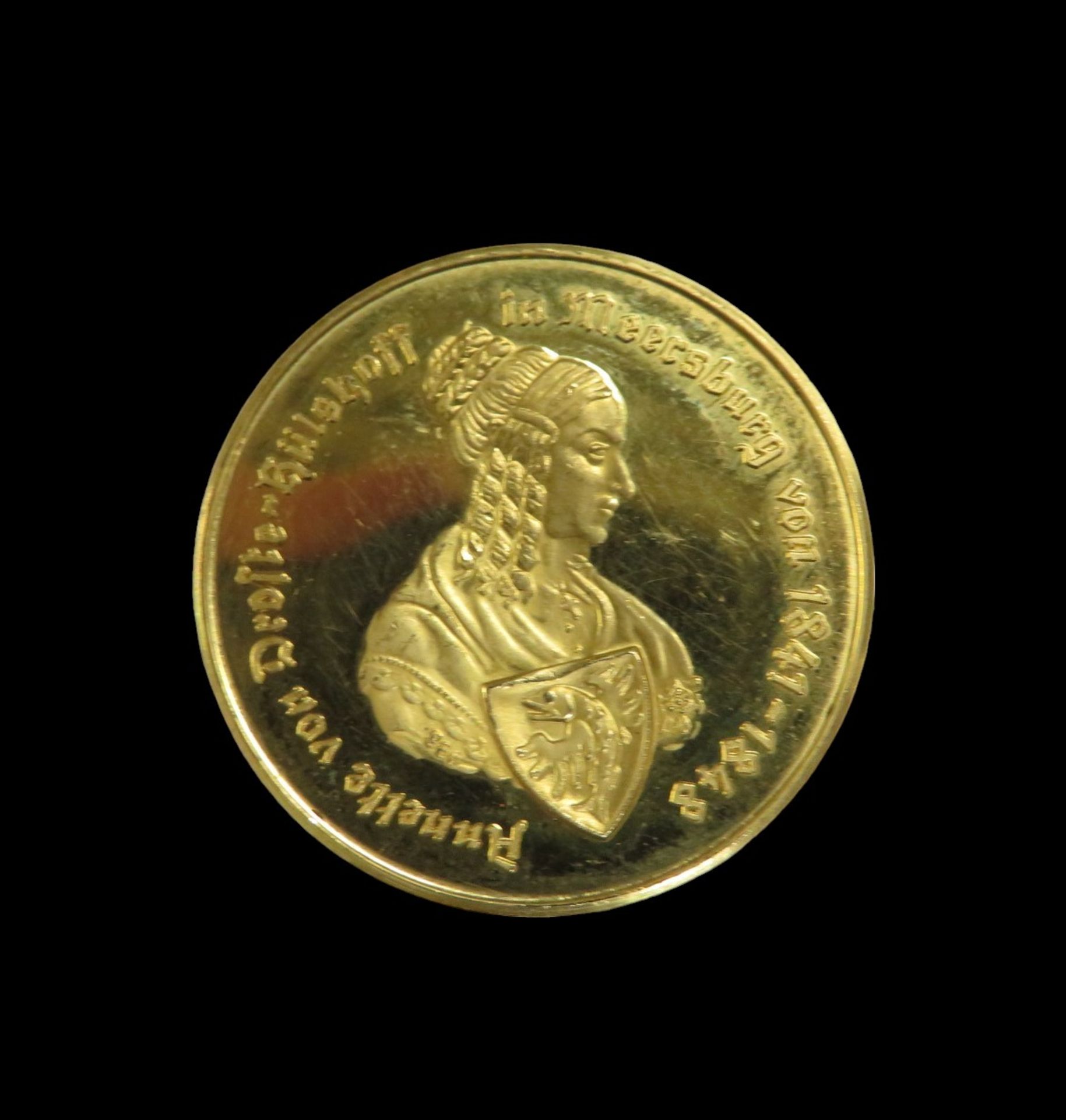 Goldmedaille, Annette von Droste-Hülshoff, Meersburg, Gold 986/000, 8,7 g, d 2,5 cm.