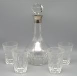 Karaffe nebst 4 Gläsern, Rosenthal, farbloses Bleikristall geschliffen, Silberrand, Karaffe h 31 cm