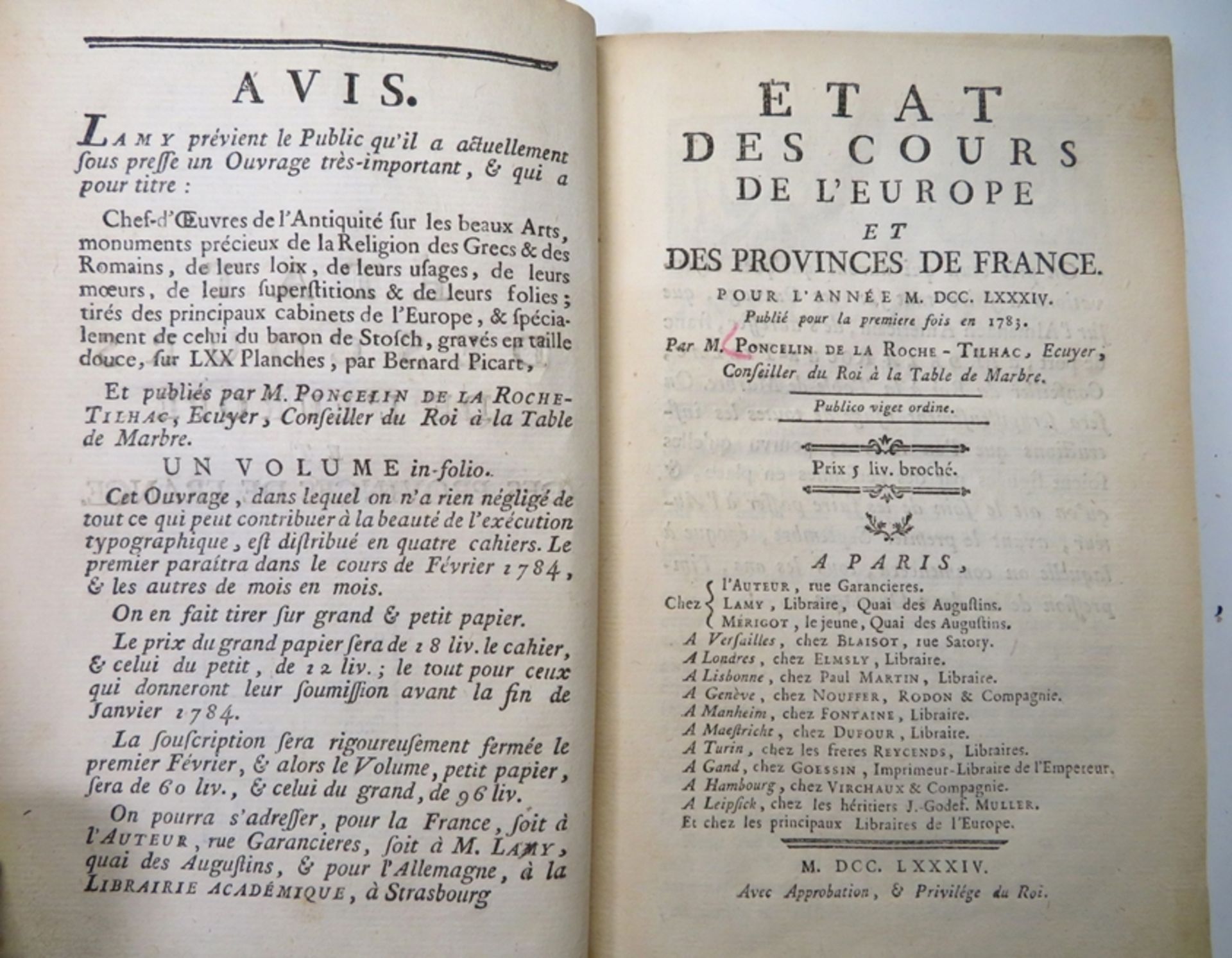 Bd., Roche-Tilhac, L'Abbé de la: Etat des Cours de l'Europe et des Provinces de France. Paris 1784  - Bild 2 aus 3