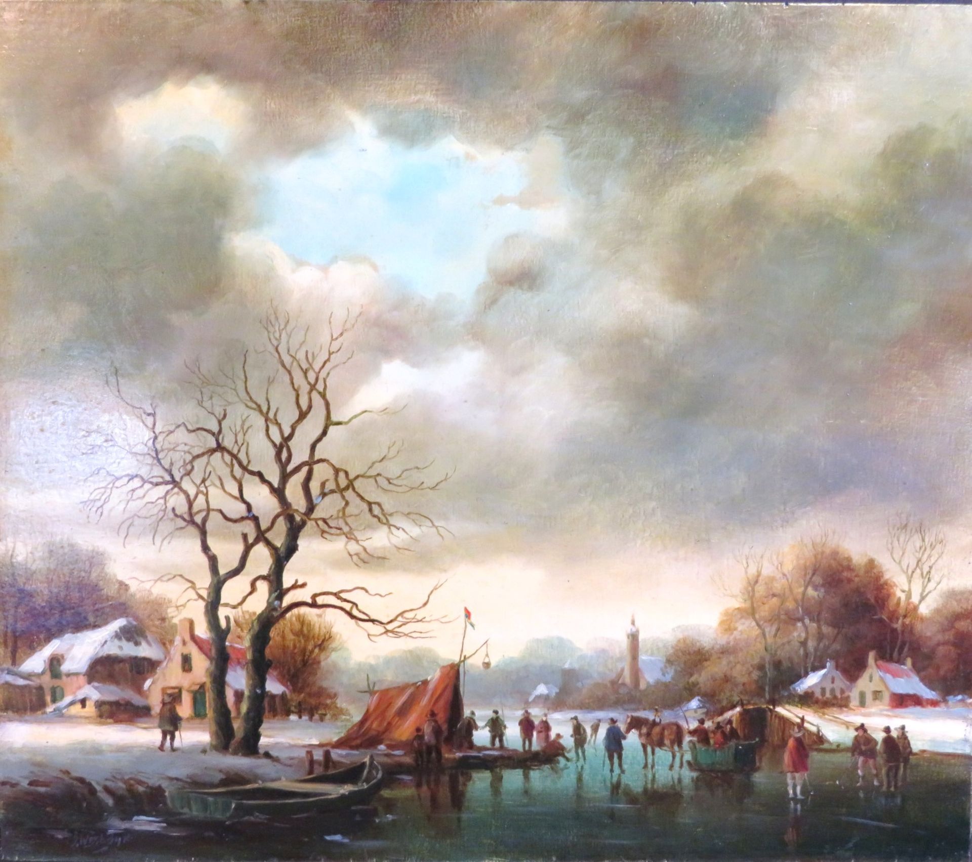 Westdijk, J., "Niederländisches Eisvergnügen", li.u.sign., Öl/Holz, 35 x 40 cm, R. [67 x 63 cm]