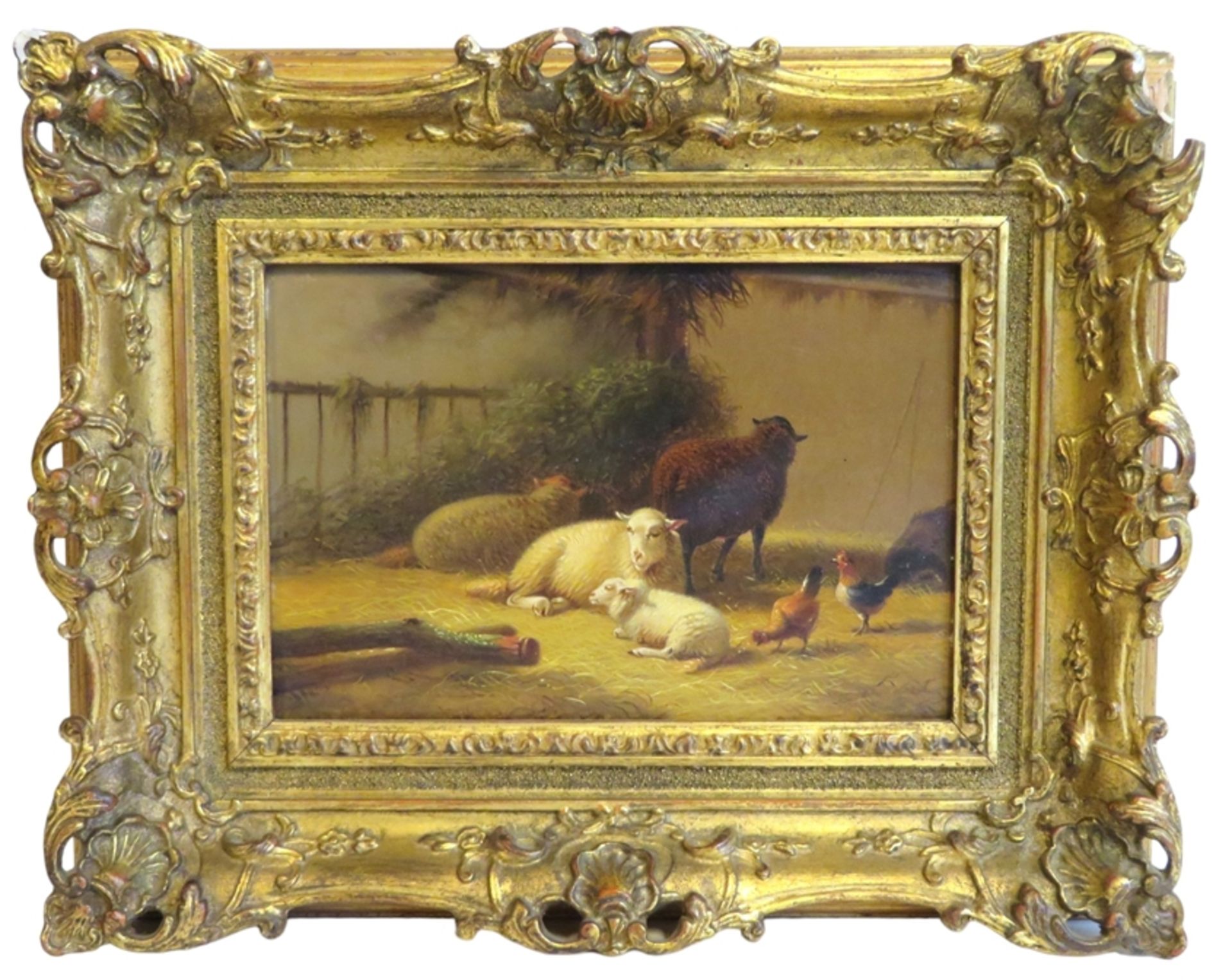 Niederlande in der Art Eugène Verboeckhovens (1798/99 - 1881), um 1900, "Schafe und Federvieh am Ho - Bild 2 aus 3