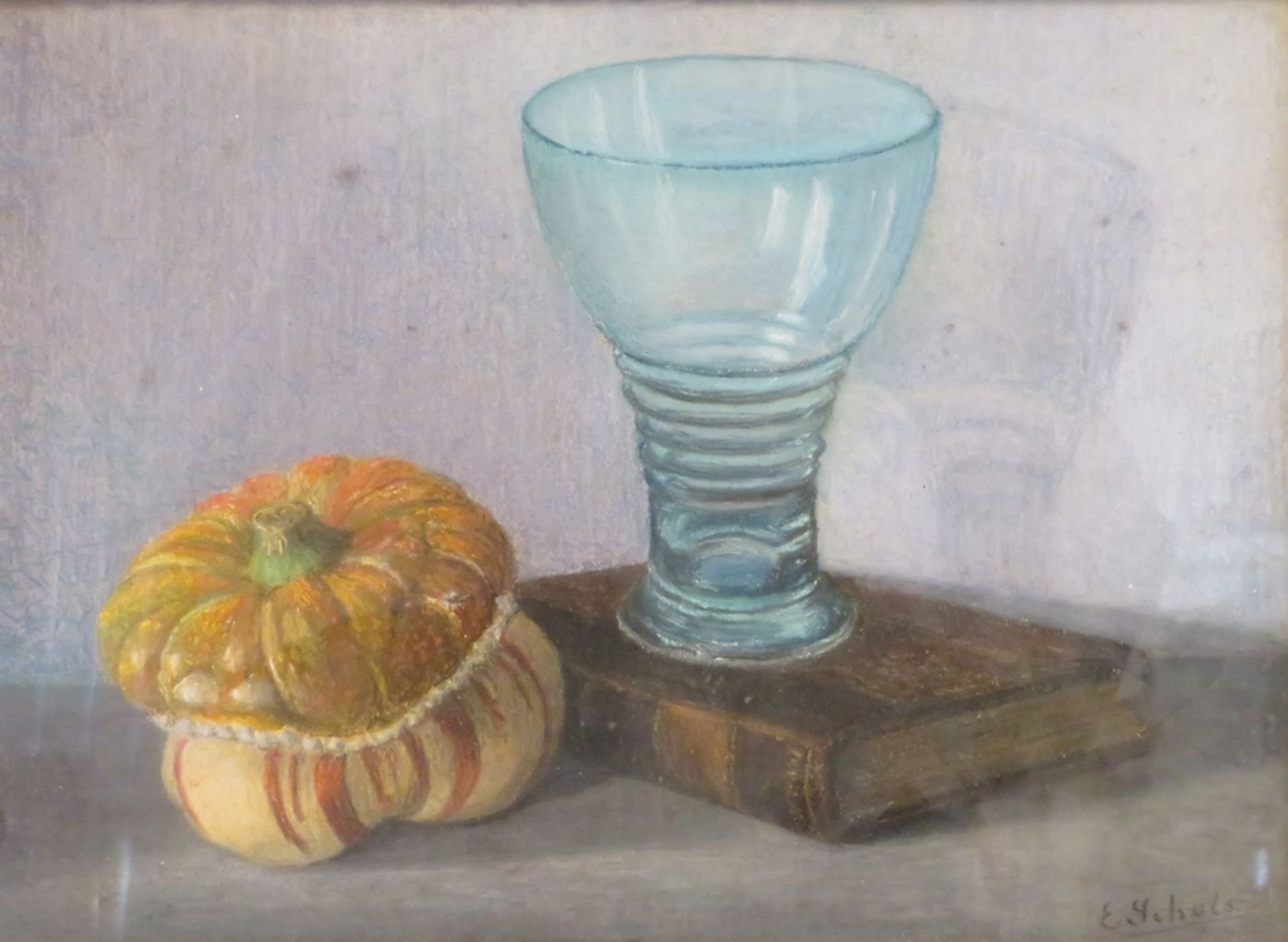 Schols, E., "Stillleben mit Kürbis und Glas", re.u.sign., Pastell, 24,5 x 34,5cm, R. [32 x 42 cm]