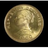 Goldmünze, Chile, 100 Pesos, 1960, Gold 900/000, 20,3 g, d 3,1 cm.