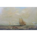 Niederlande, 19. Jahrhundert, "Segelschiffe vor Hafenstadt", Öl/Holz, kleine Restaurierungen, 21 x 