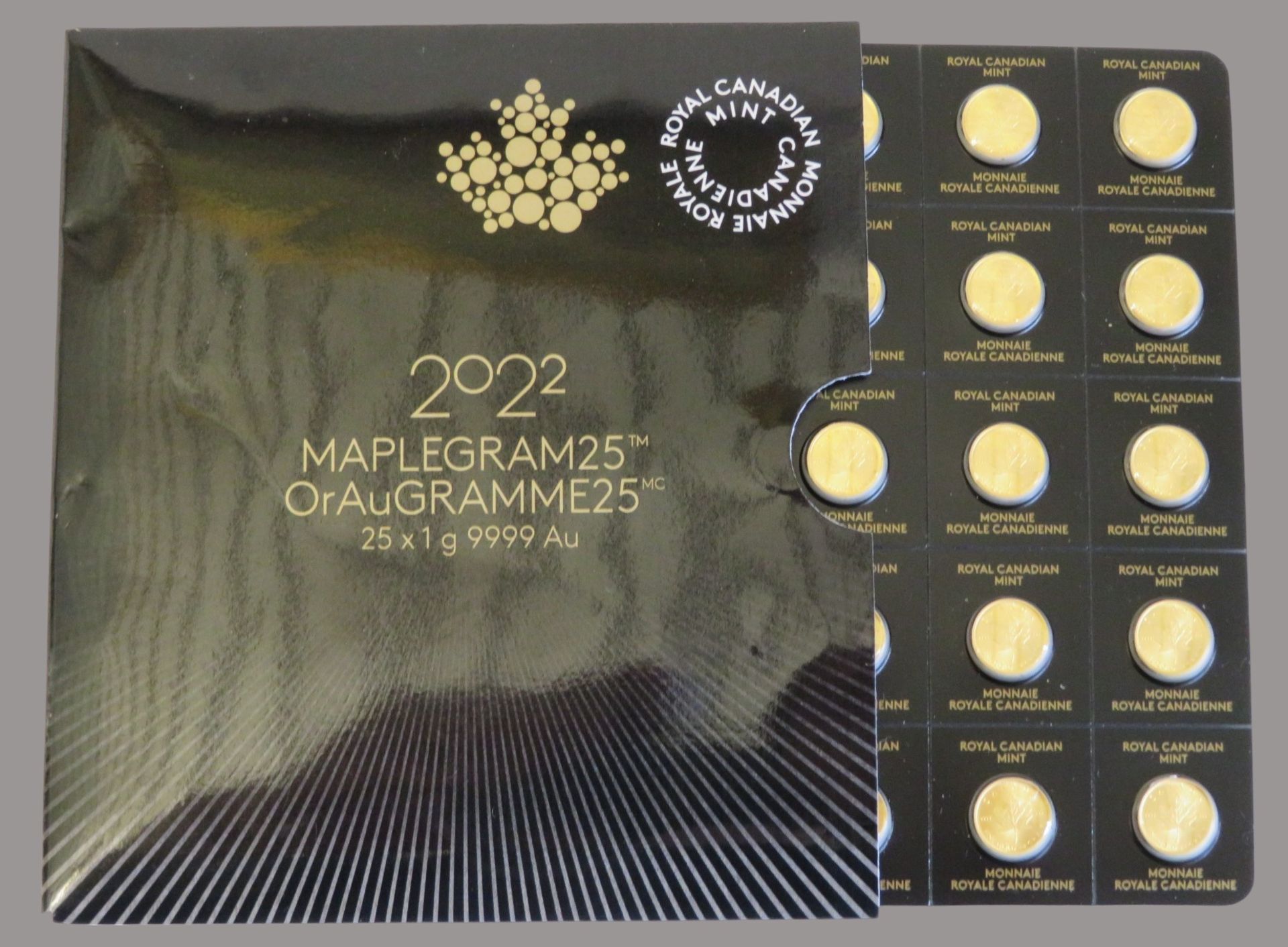 25 x 1 g-Münzen, Kanada, Maple Leaf, 2022, Gold 999,9/000, zus. 25 g, original verschweißt, d 0,8 c