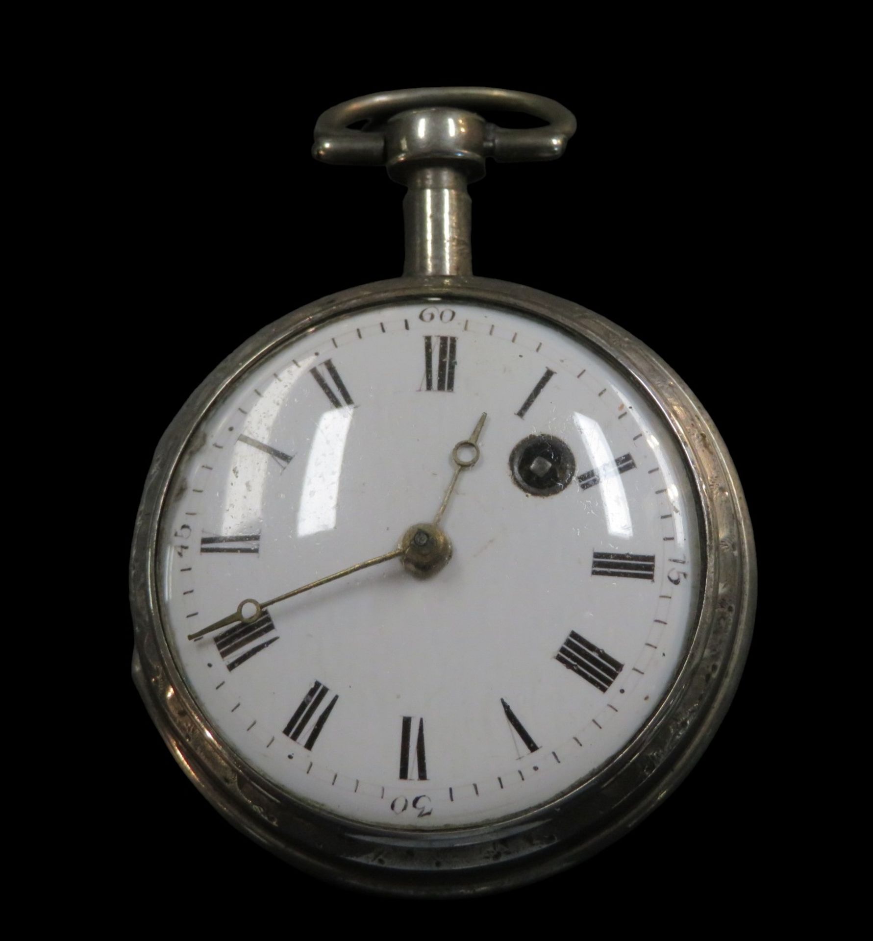 Spindeltaschenuhr, England, 18. Jahrhundert, Silber 925/000, punziert, intakt, d (mit Krone) 6 cm.