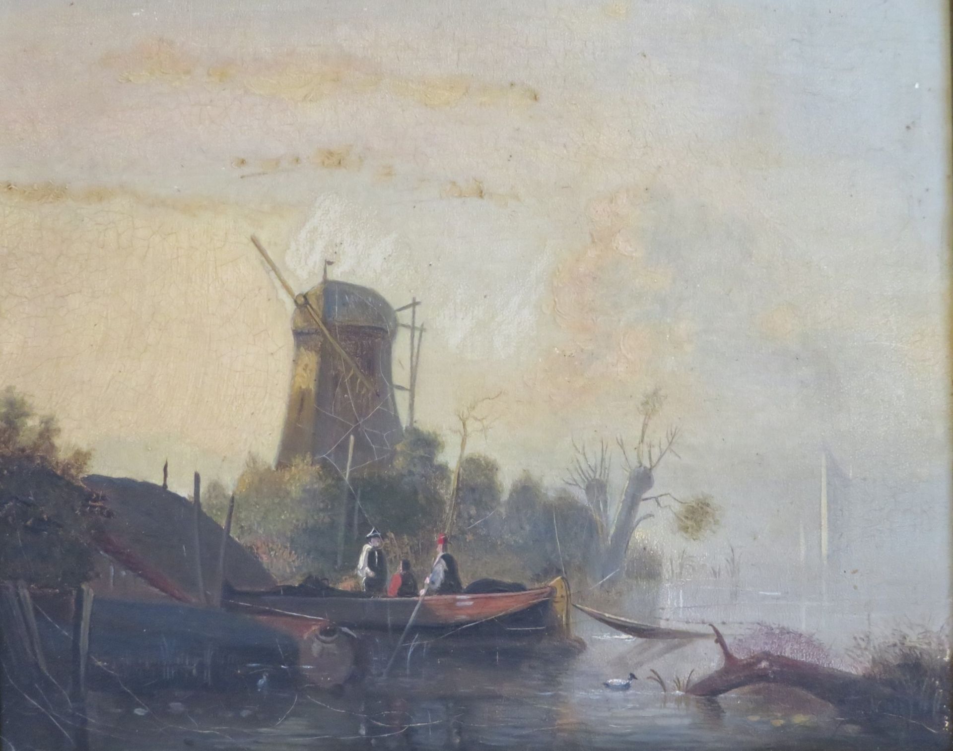 Niederlande, 19. Jahrhundert, "Fischerboot am Ufer vor Windmühle", Öl/Leinwand, 24 x 29 cm, R. [40