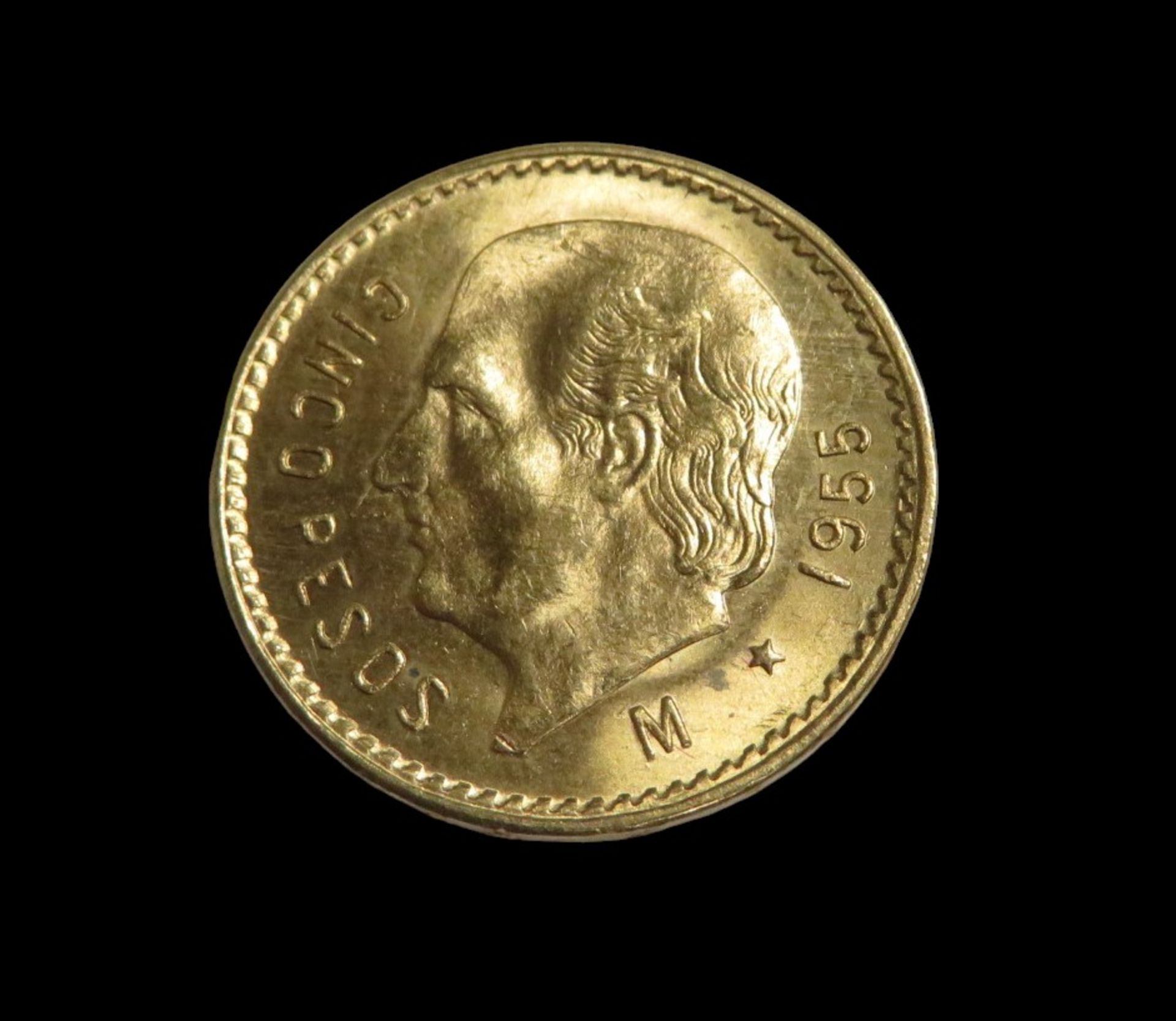 Goldmünze, Mexiko, 5 Pesos, 1955, Gold 900/000, 4,17 g, d 1,9 cm.