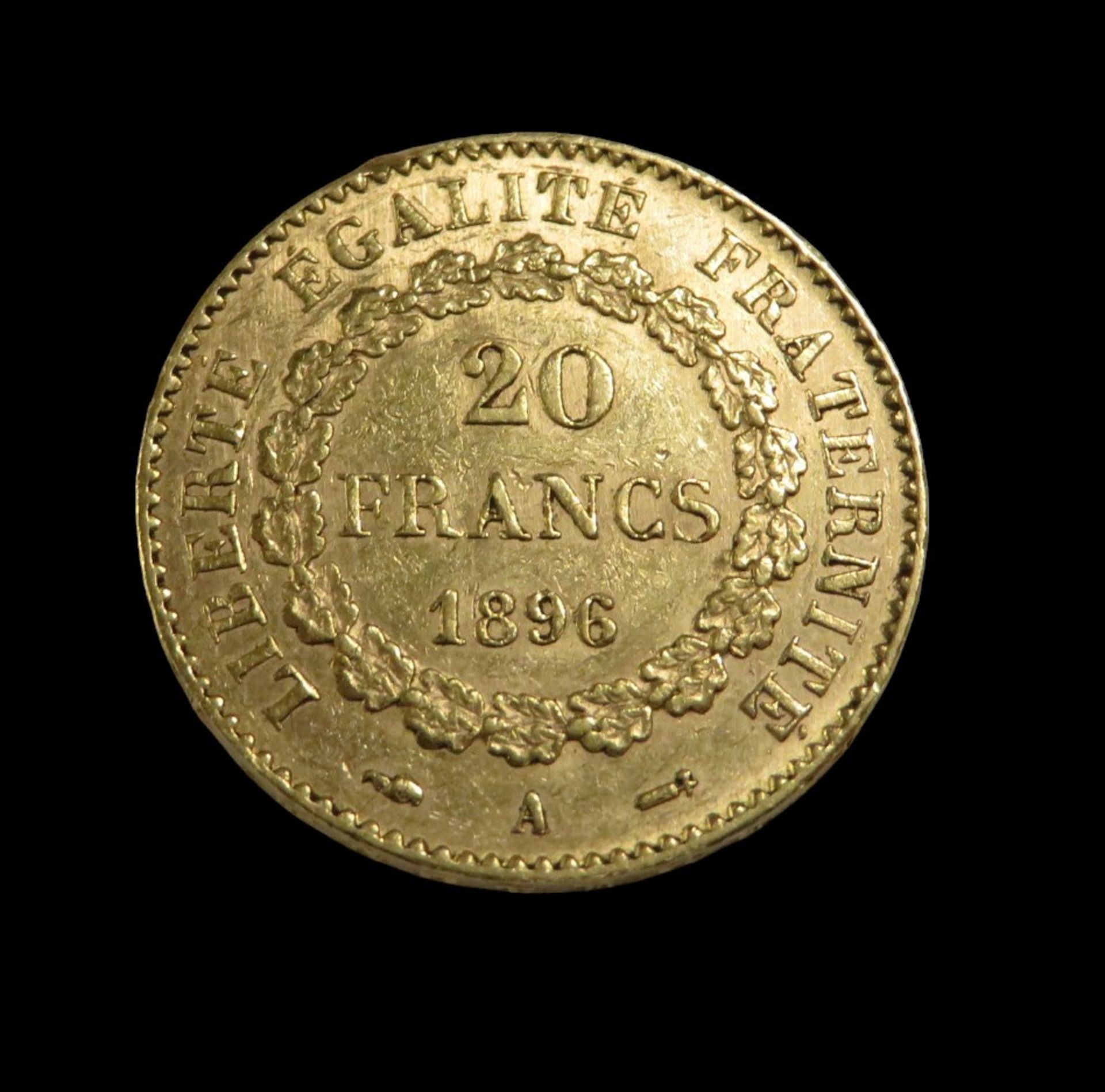 Goldmünze, 20 Francs, Genius/Stehender Engel, 1896, Gold 900/000, 6,4 g, d 2,1 cm. - Bild 2 aus 2