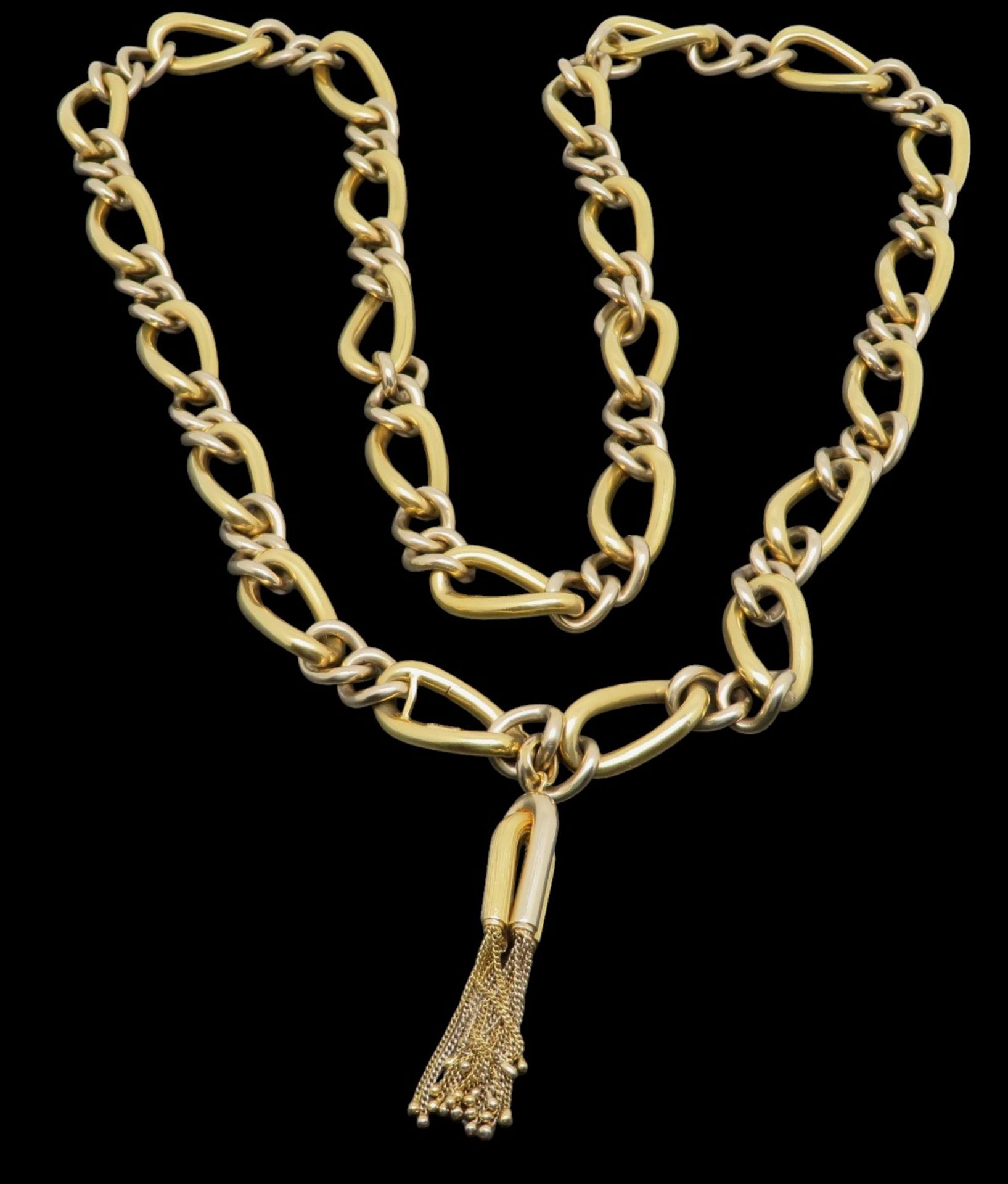 Außergewöhnliches Glieder-Collier, 1960/70er Jahre, Endstück mit quastenartiger Abhängung, Gelb- un