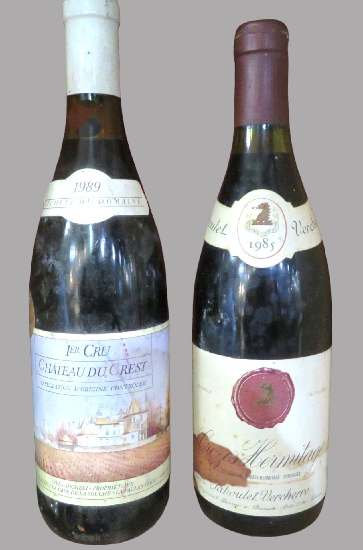 2 diverse Flaschen Rotwein, Château du Crest, 1983, Yves Micheli/Crozes Hermitage, 1985, Taboulet V