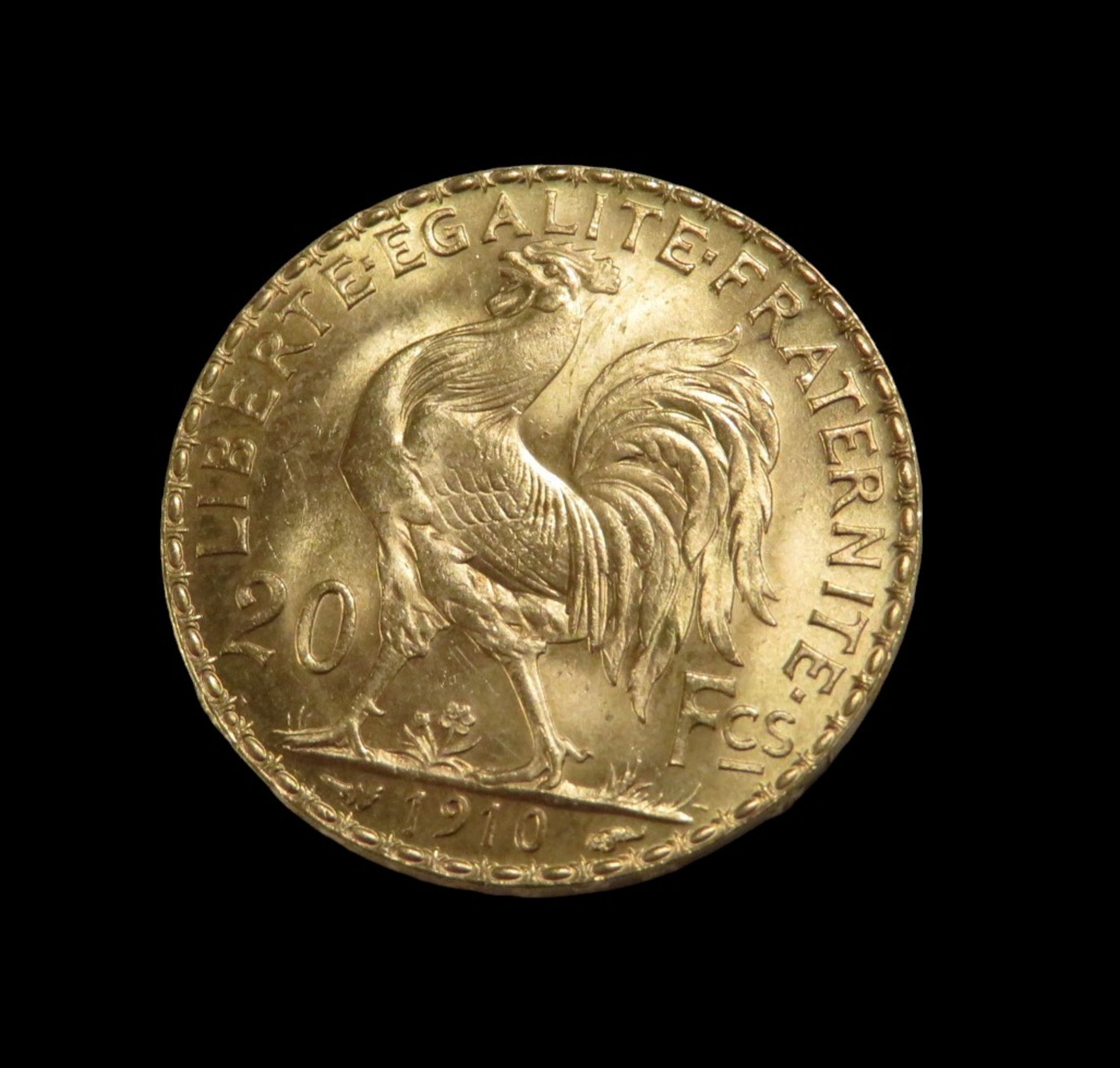 Goldmünze, 20 Francs, Marianne, 1910, Gold 900/000, 6,4 g, d 2,1 cm. - Bild 2 aus 2