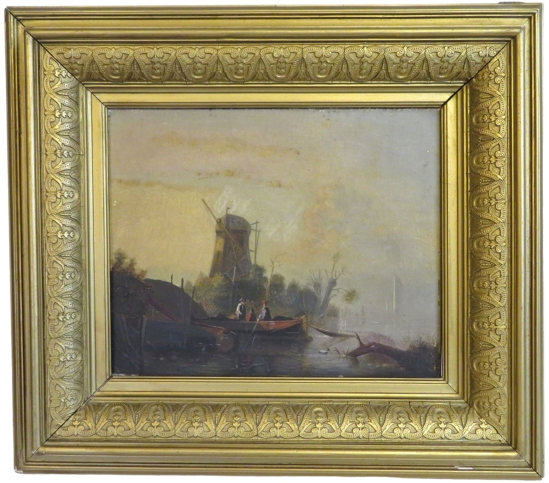 Niederlande, 19. Jahrhundert, "Fischerboot am Ufer vor Windmühle", Öl/Leinwand, 24 x 29 cm, R. [40 - Image 2 of 2