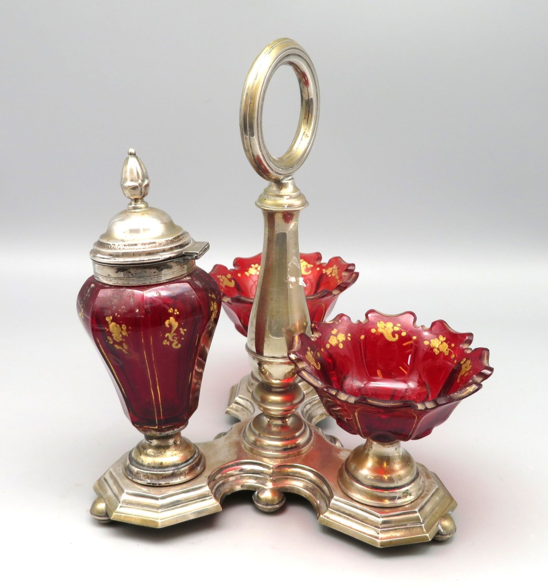 Menage, Biedermeier, Mitte 19. Jahrhundert, rot eingefärbtes Glas mit feiner Goldmalerei, geschliff - Image 2 of 2