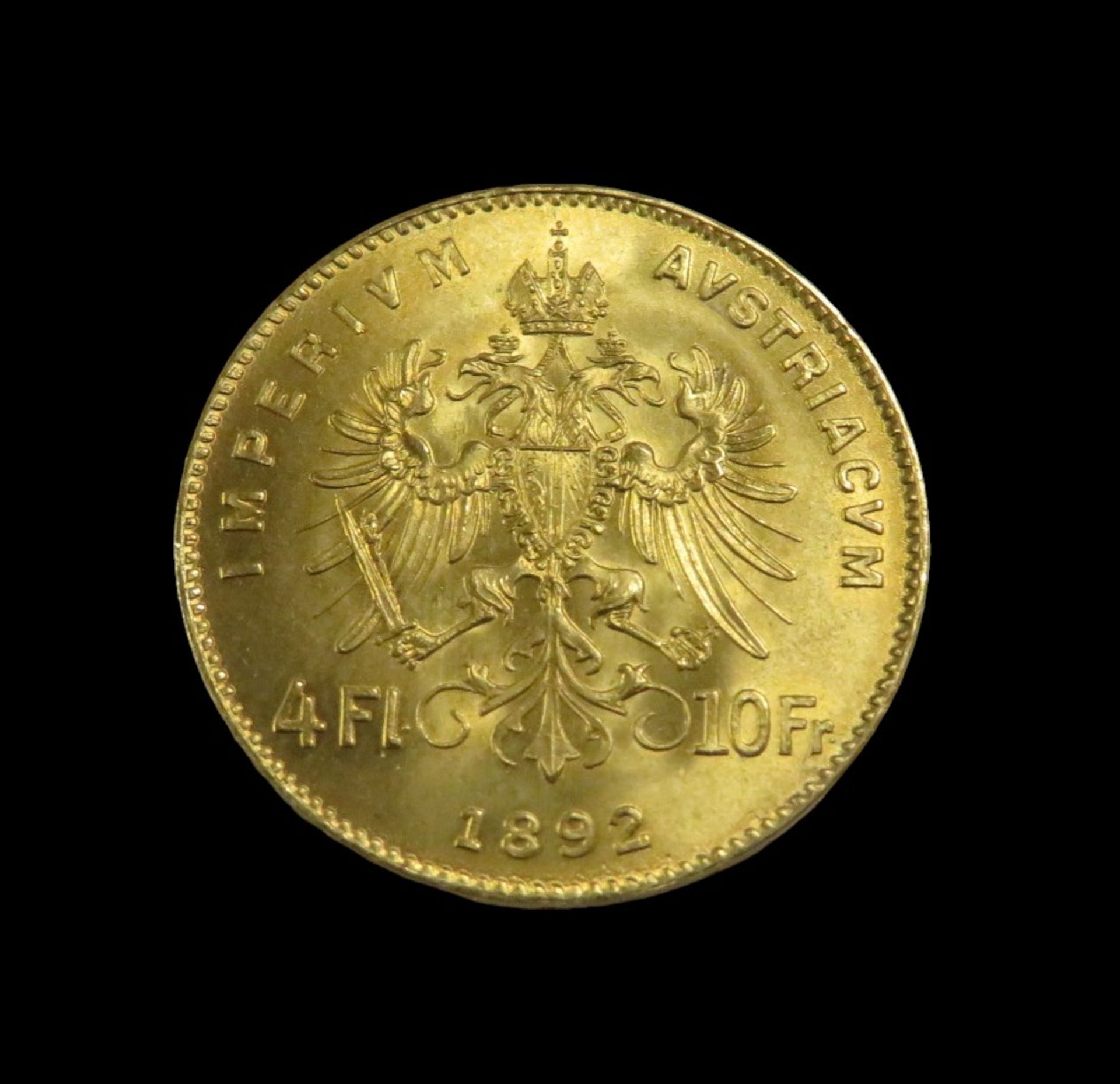 Goldmünze, Österreich, 4 Florin/Goldgulden, Franz Joseph I, 1892, Gold 900/000, 3,23 g, d 1,9 cm. - Image 2 of 2