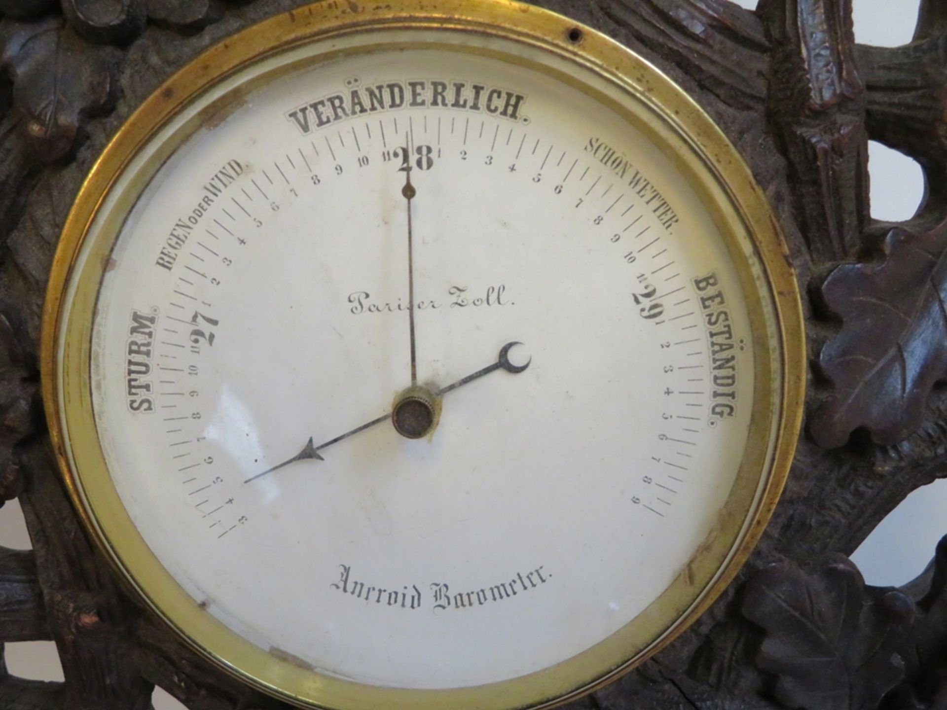 Aneroidbarometer, Schwarzwald, 19. Jahrhundert, Weichholz mit Eichenlaub und Eicheln geschnitzt, 58 - Bild 2 aus 2