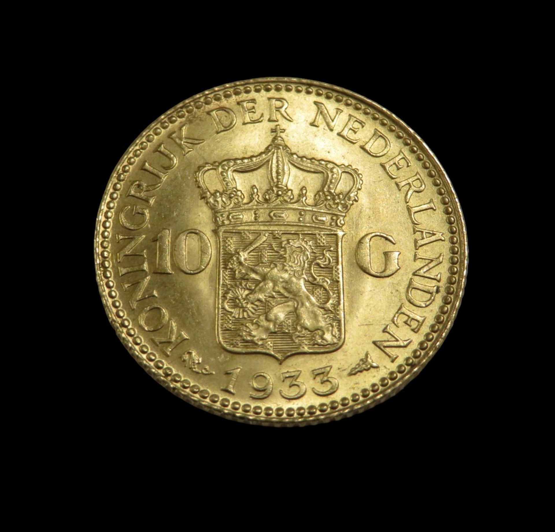 Goldmünze, Niederlande, 10 Gulden, Wilhelmina, 1933, Gold 900/000, 6,7 g, d 2,1 cm. - Bild 2 aus 2