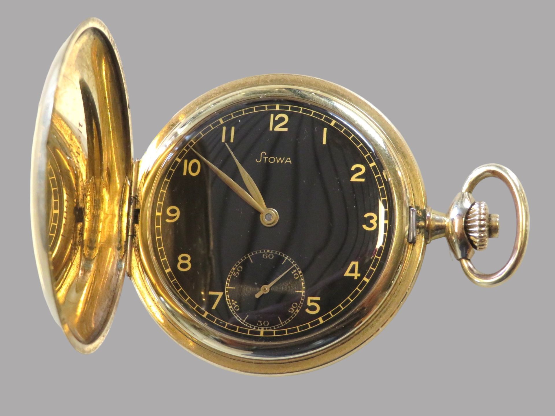 Taschenuhr, Stowa, 1. Hälfte 20. Jahrhundert, Gehäuse 40 Micron vergoldet, mit Widmung, Kronenaufzu