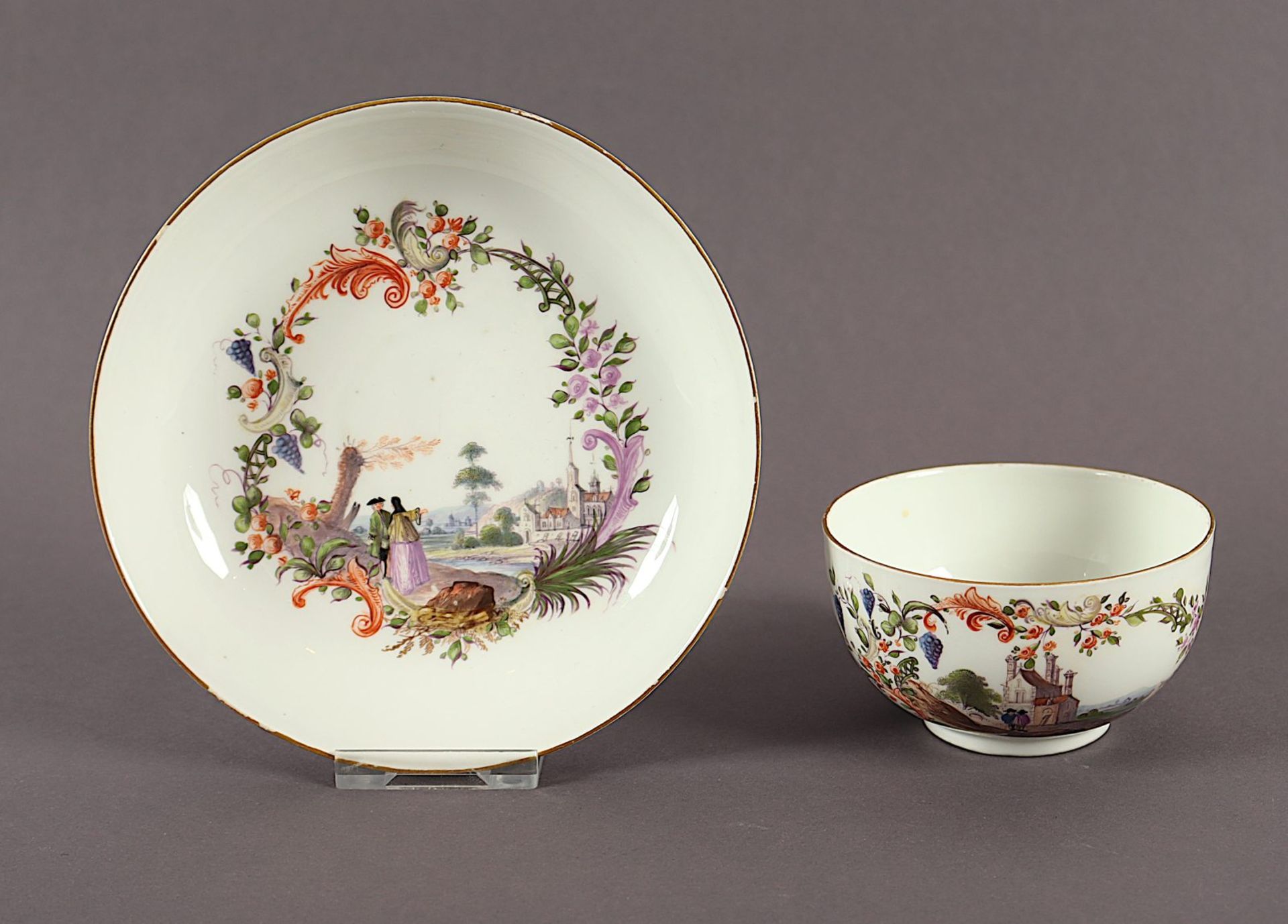 Tasse mit Untertasse, Flusslandschaft, Meissen, um 1740