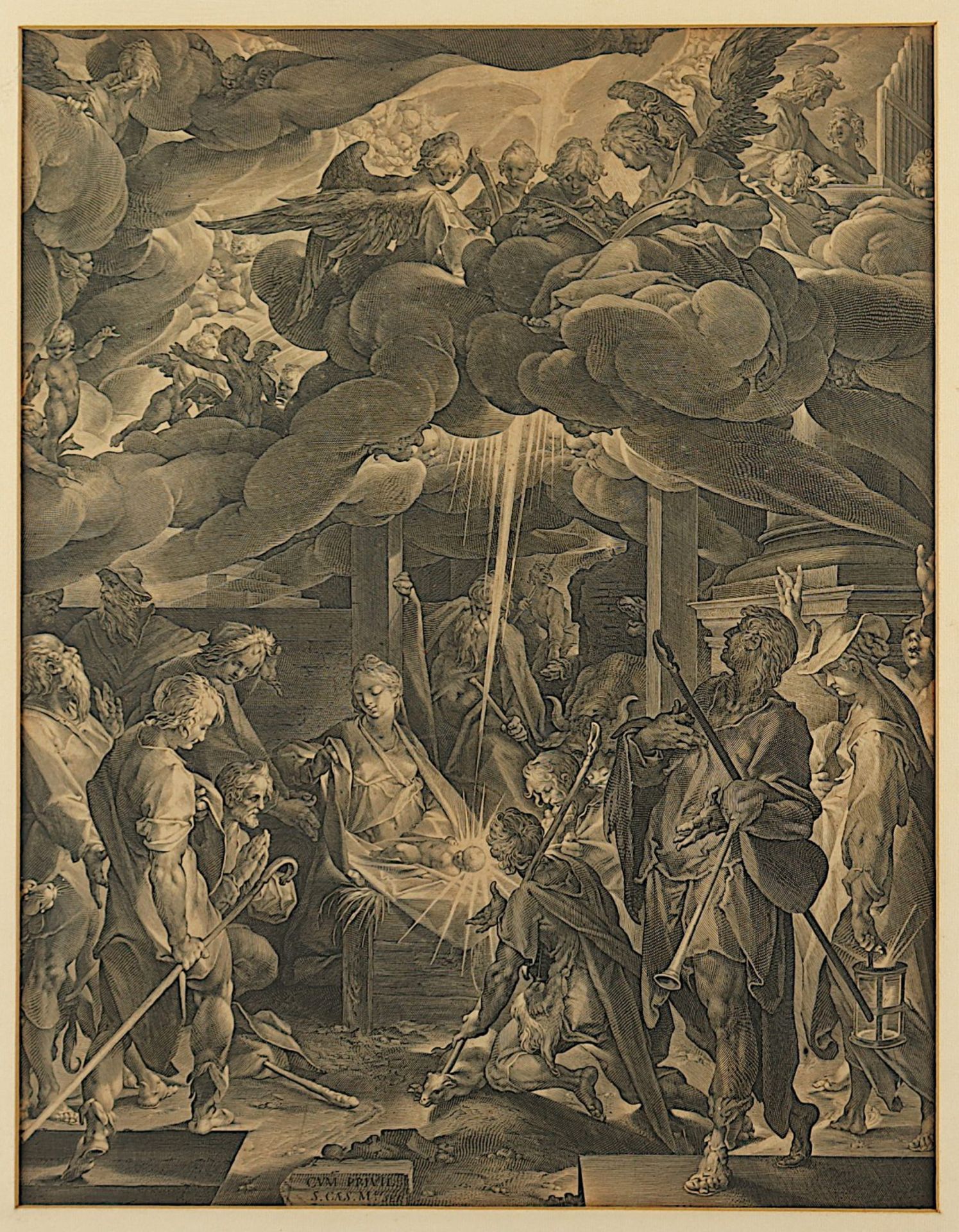 Muller, Jan Harmensz (1571-1628), "Die Anbetung der Hirten", nach Bartholomäus Spranger, Kupferstich