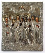 Ikone, "9 Heilige", mit Silberoklad, Tempera/Holz, 31 x 26,5, Russland, 19.Jh.
