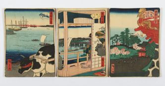 Drei Farbholzschnitte, Krepppapier, Japan, um 1900