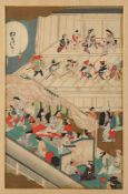 Farbholzschnitt, nach Hishikawa Moronobu, Szene aus dem japanischen Volkstheater, Japan, Meiji