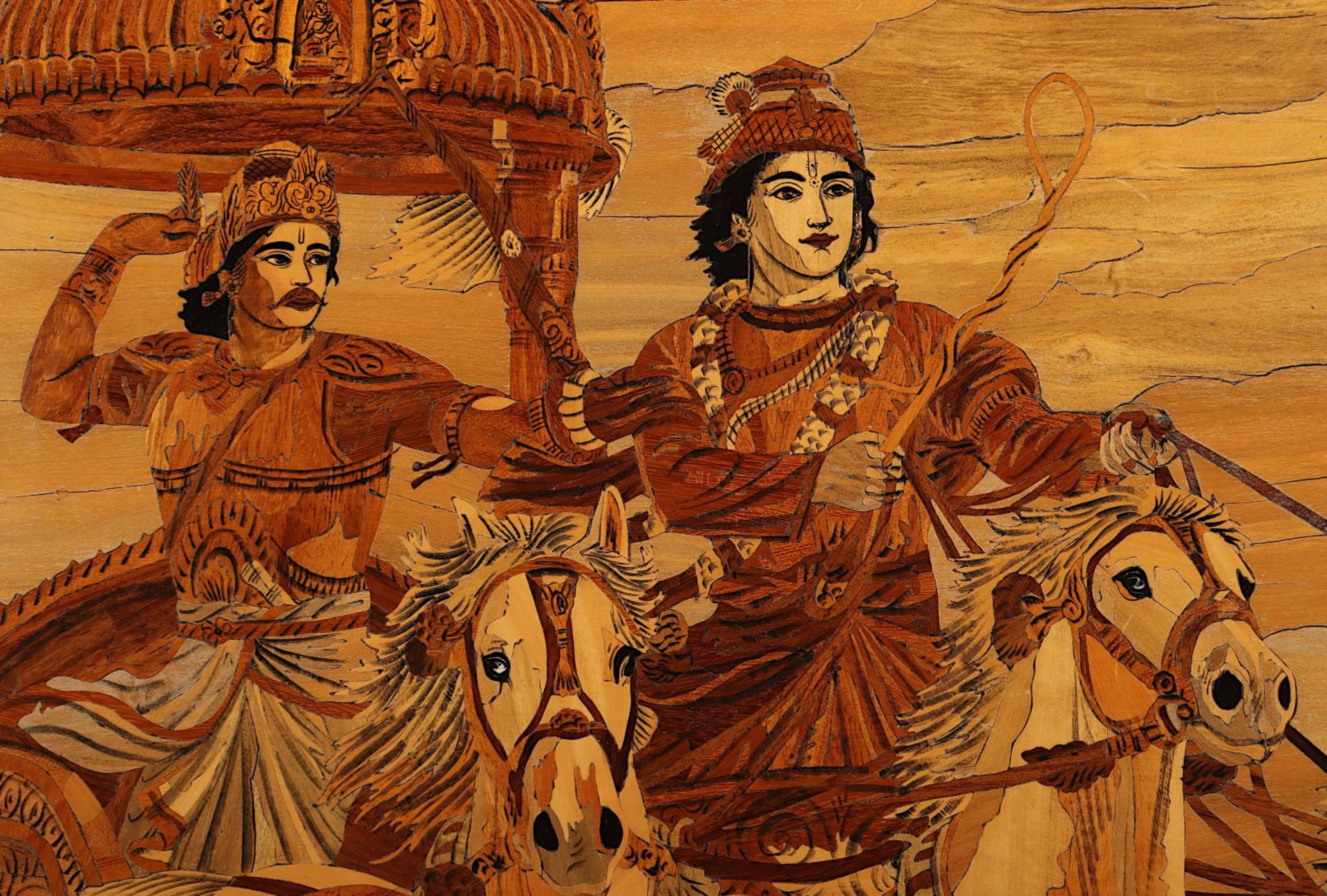 Arjuna und sein Wagenlenker Krishna, Szene aus dem Mahabharata, Marketerie, gerahmt - Bild 3 aus 3