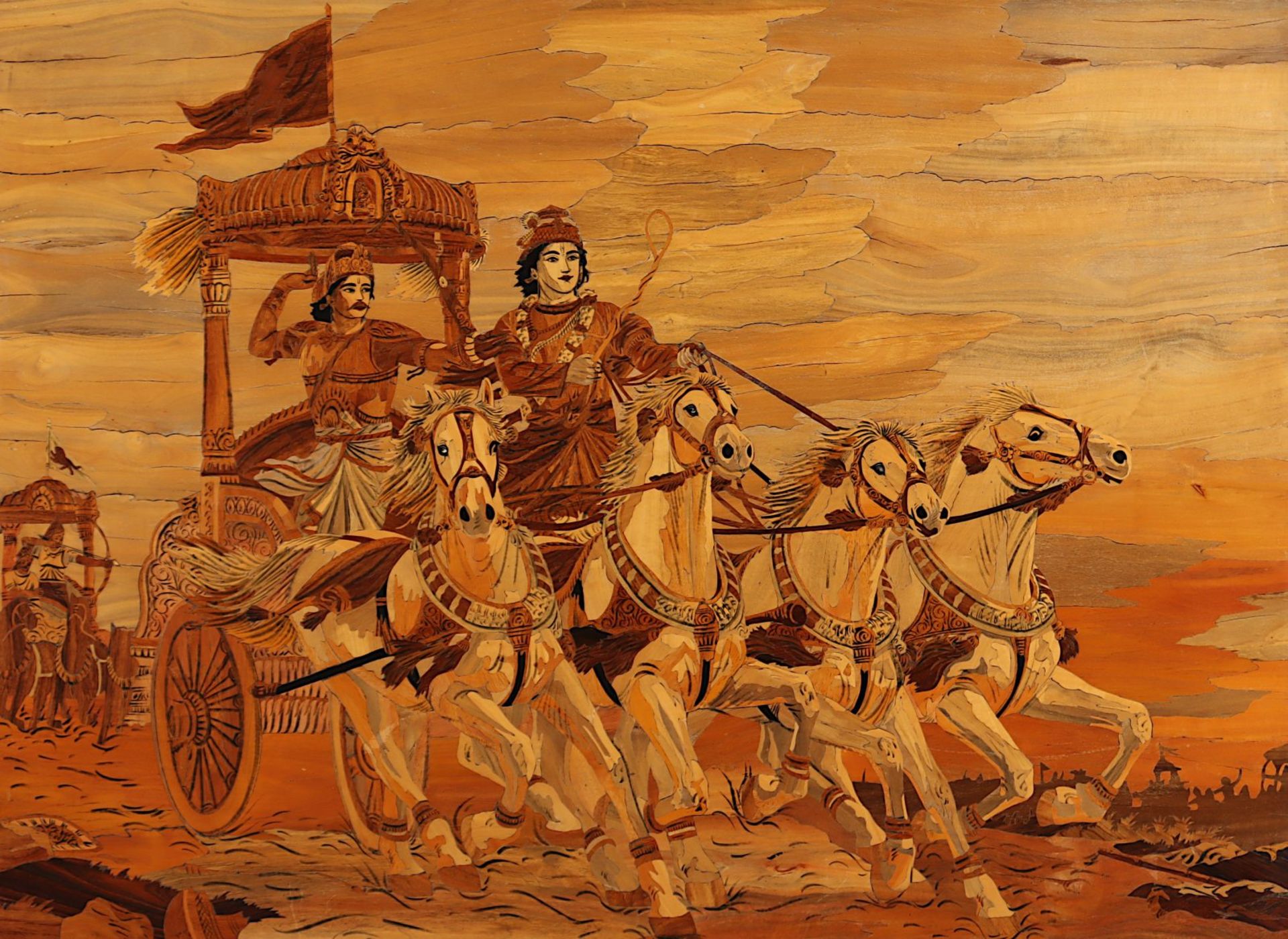 Arjuna und sein Wagenlenker Krishna, Szene aus dem Mahabharata, Marketerie, gerahmt - Bild 2 aus 3