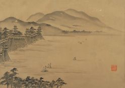 Malerei, Tusche Landschaft mit Gebäuden, Booten und Bergen, Japan, gerahmt
