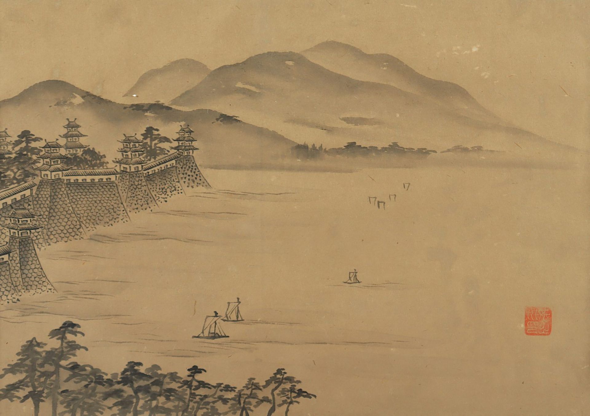 Malerei, Tusche Landschaft mit Gebäuden, Booten und Bergen, Japan, gerahmt