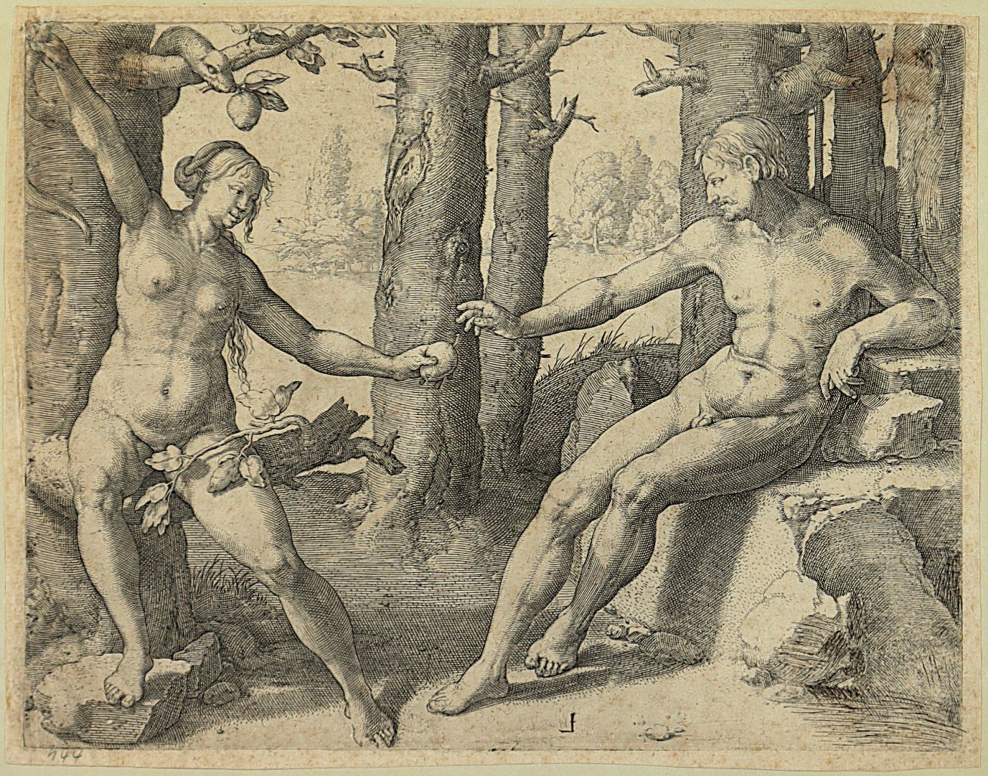 Van Leyden, Lucas (1494-1533), "Der Sündenfall", Kupferstich, um 1530, R. - Image 2 of 2