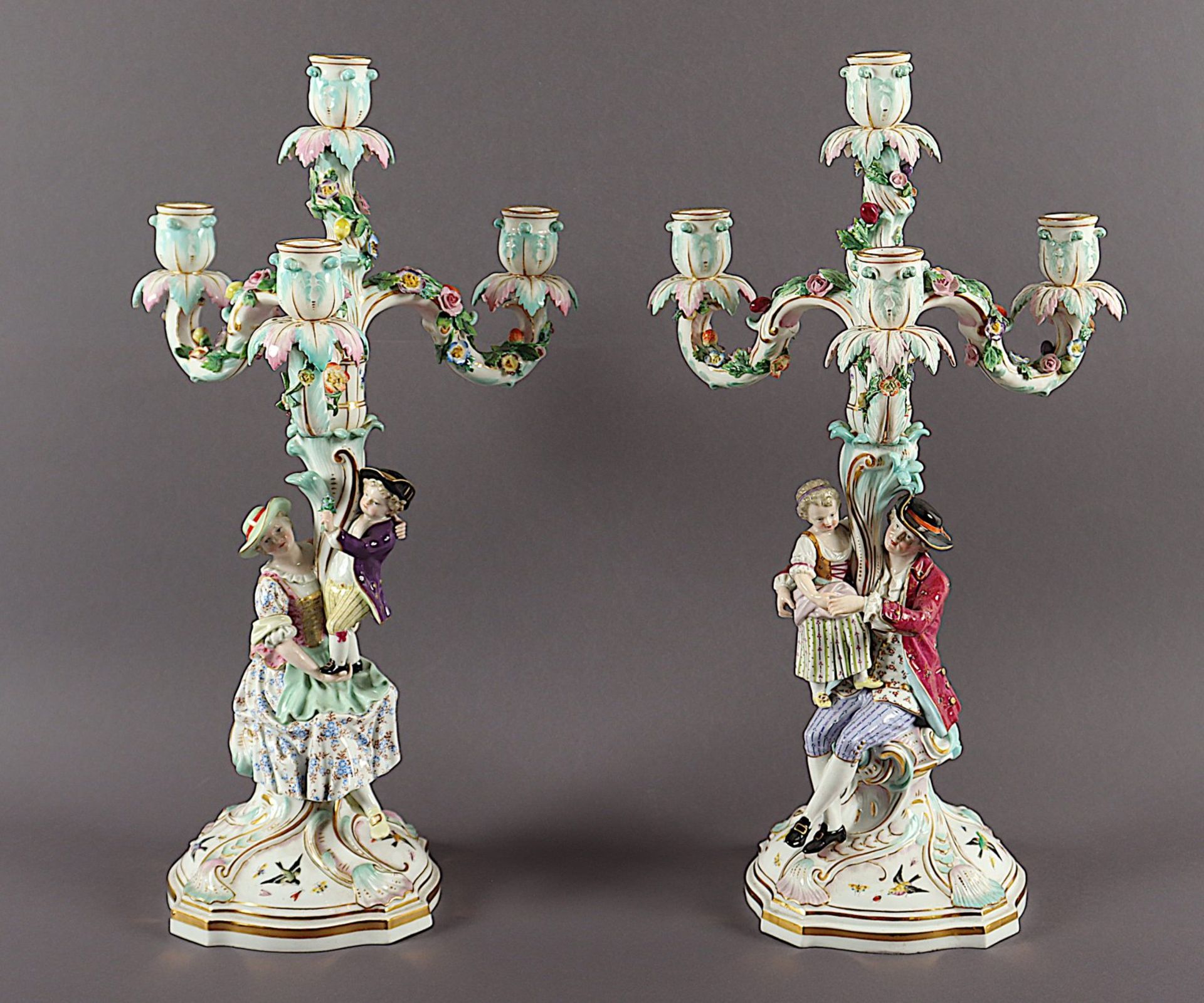 Paar Leuchter mit Gärtnerfiguren, E.A. Leuteritz, Meissen, 19.Jh.