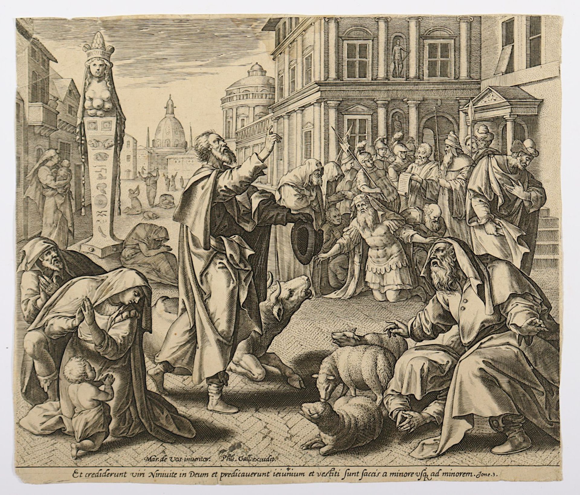 Collaert, Adriaen (c.1560-1618), "Das Volk von Ninive zeigt Reue nach der Prophezeiung Jonas", Kupfe