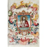 Pergamentblätter - Christus-Wappen in Rocaillebordüre.