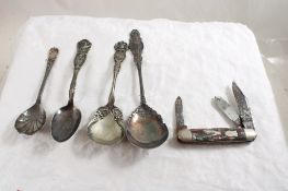 Seneca Pocket Knife, 4 Antique Silver Spoons