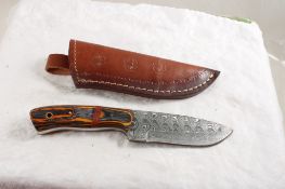 Damascus Fixed Blade Knife in Leather Sheath