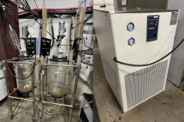 Lot of (2) Used TouchScience Cylindrical Glass Jacketed Reactors w/ Stirrer & Chiller. Model S-50L