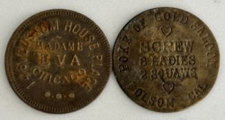 LOT OF 2 BROTHEL FANTASY TOKENS - "POKE OF GOLD SALOON" "CHICAGO MADAM EVA"