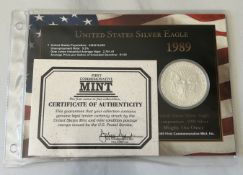 1989 US SILVER EAGLE DOLLAR COIN - ONE OUNCE .999 SILVER