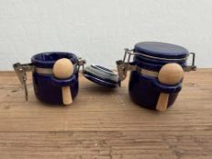 PAIR OF VINTAGE COBALT BLUE CERAMIC CLAMP TOP CANISTERS WITH WOOD SCOOPS