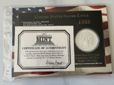 1989 US SILVER EAGLE DOLLAR COIN - ONE OUNCE .999 SILVER