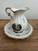 VINTAGE DECORATIVE PORCELAIN PITCHER AND BASIN MINI WASH SET ROCOCO COUPLE SCENE