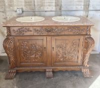 58in wide, 37in tall 23in deep and 20 in sinks, vintage marble bathroom vanity double sink