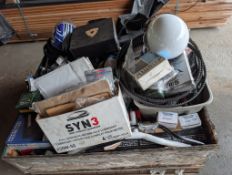 Skid of Unused Motorcycle Parts including Filters, Saddle Bags and 5 Helmets, etc.