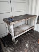 Two Wooden Work Benches with Vice and Metal Top with Drain